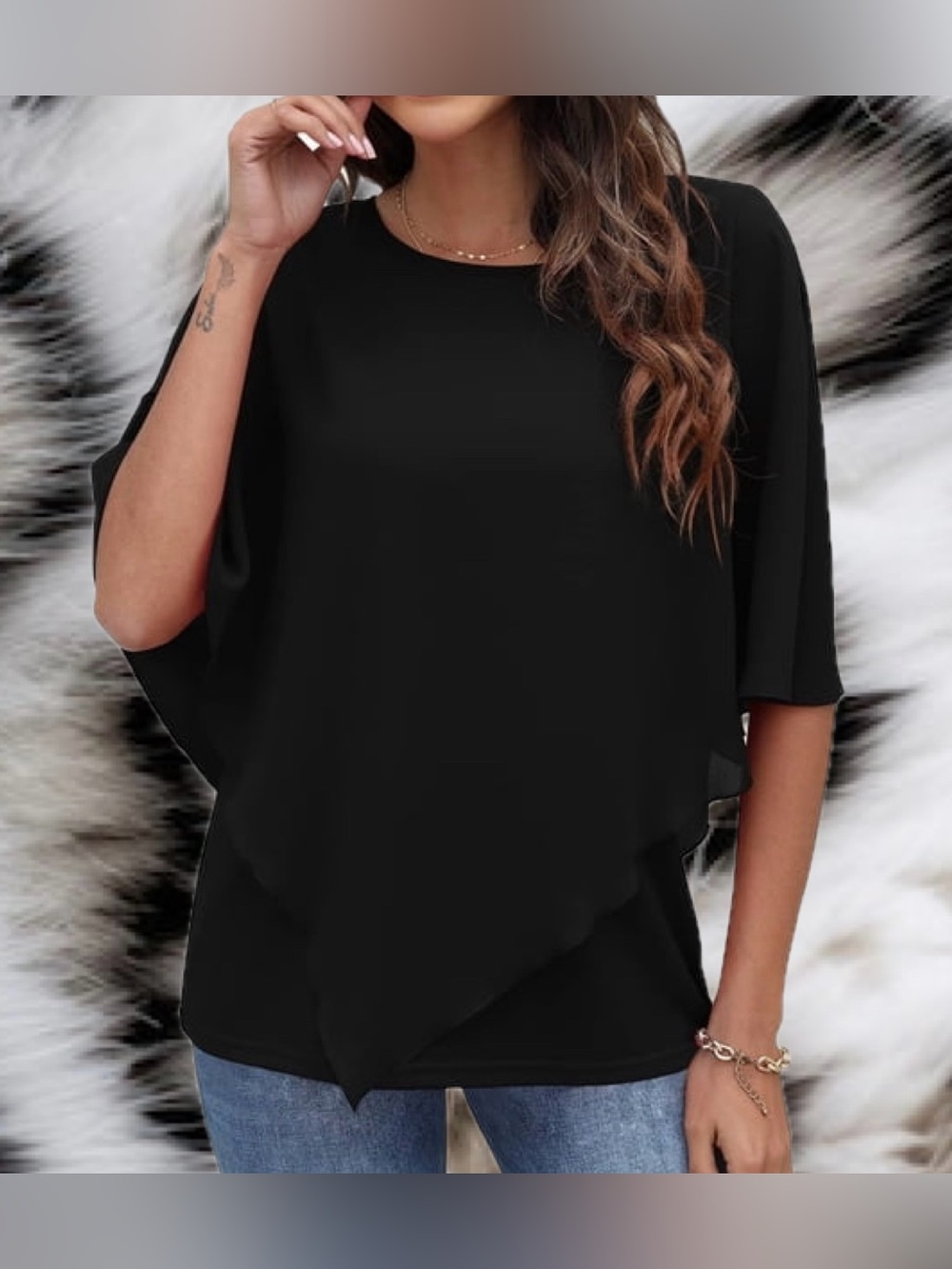 Sleek Black Layered Chiffon Double-Layered  Asymmetric Poncho Blouse